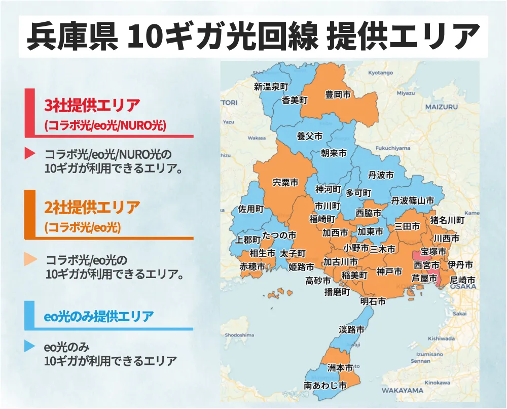 兵庫県の10ギガ光回線の提供エリアマップ