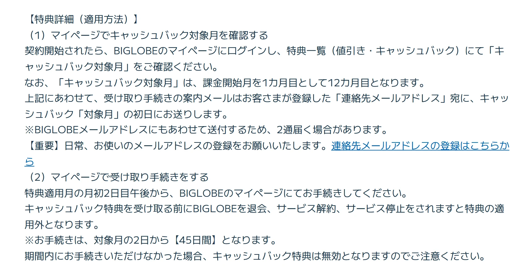ビッグローブ光公式特設サイトのキャッシュバック対象月と受け取り手続きの期間の説明
