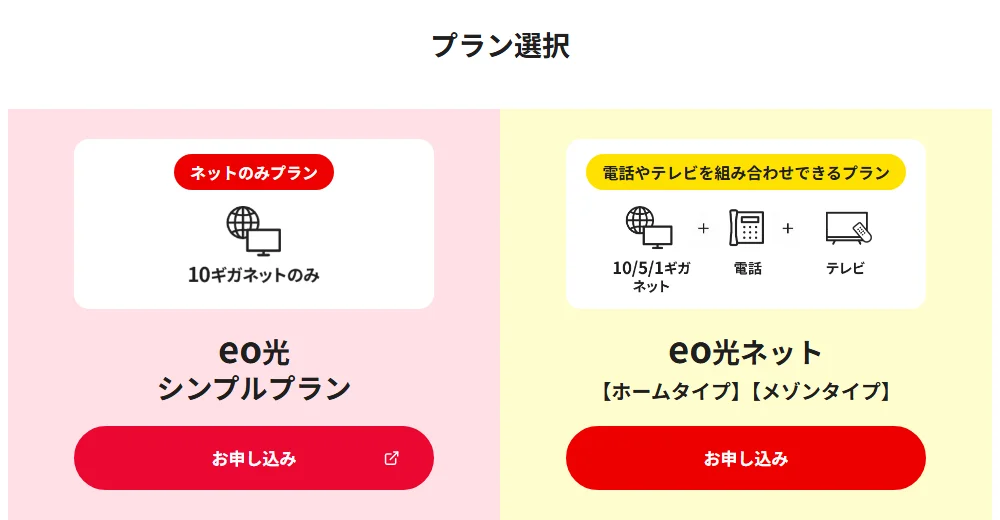 戸建てのプラン選択画面。eo光シンプルプランとeo光ネットのお申し込みボタン