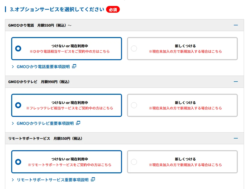 オプションサービスの選択画面(GMOひかり電話・GMOひかりテレビ・リモートサポートサービス)