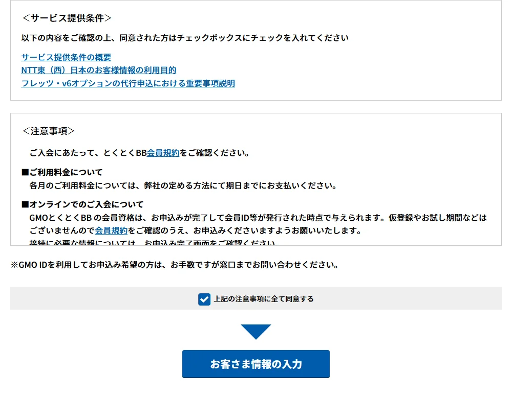 サービス提供条件・注意事項の下にある同意チェックと「お客さま情報の入力」ボタン